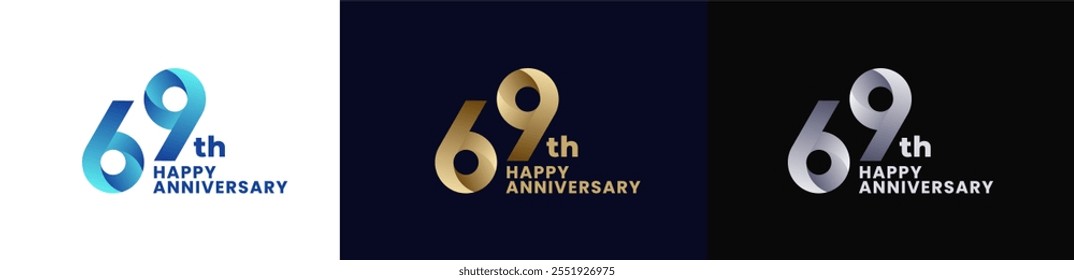 Abstract Twist Logo Anniversary 69th, 69th Happy Anniversary with Colorful Gradient, Luxury Gold and Elegant Silver. Editable file