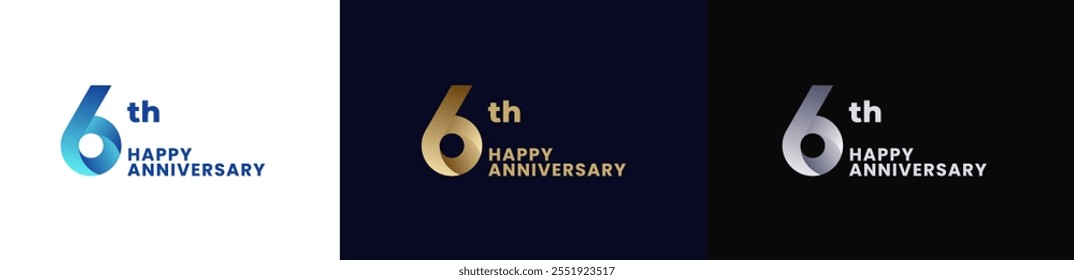 Abstract Twist Logo Anniversary 6th, 6th Happy Anniversary with Colorful Gradient, Luxury Gold and Elegant Silver. Editable file