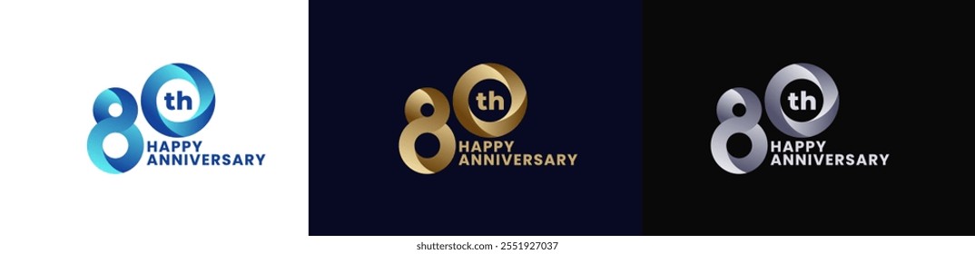 Abstract Twist Logo Anniversary 80th, 80th Happy Anniversary with Colorful Gradient, Luxury Gold and Elegant Silver. Editable file