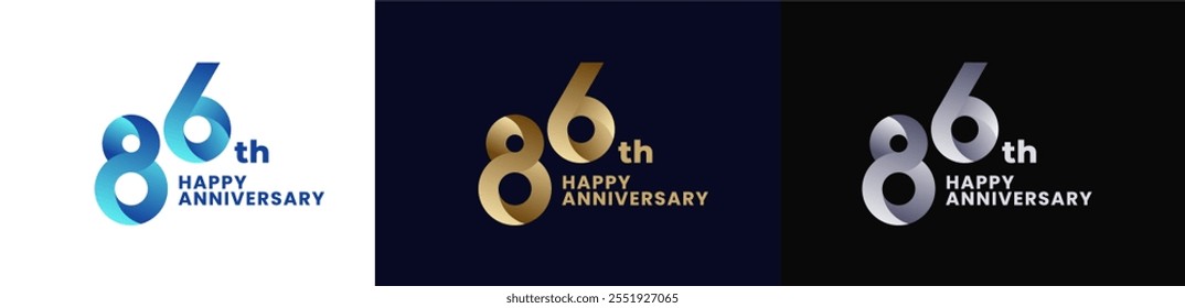 Abstract Twist Logo Anniversary 86th, 86th Happy Anniversary with Colorful Gradient, Luxury Gold and Elegant Silver. Editable file