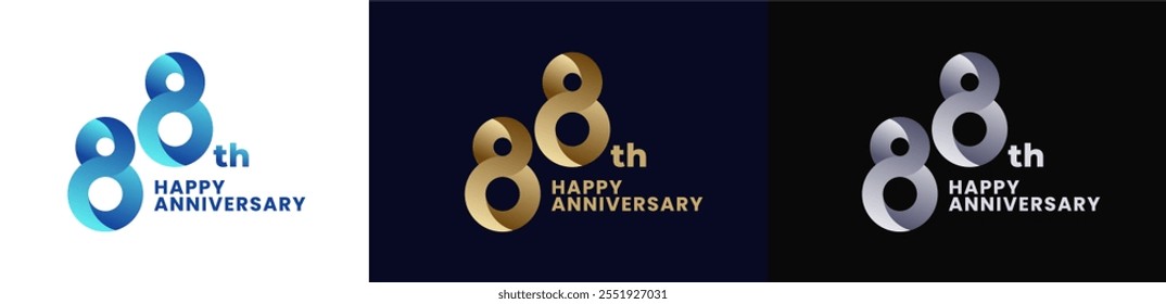 Abstract Twist Logo Anniversary 88th, 88th Happy Anniversary with Colorful Gradient, Luxury Gold and Elegant Silver. Editable file