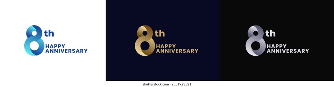 Abstract Twist Logo Anniversary 8th, 8th Happy Anniversary with Colorful Gradient, Luxury Gold and Elegant Silver. Editable file