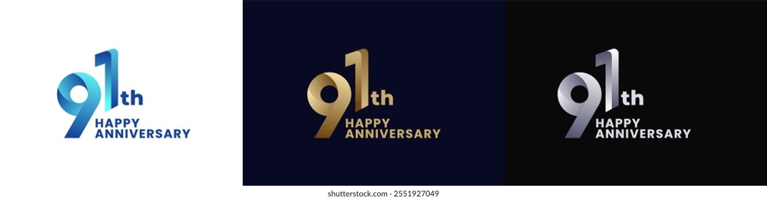 Abstract Twist Logo Anniversary 91th, 91th Happy Anniversary with Colorful Gradient, Luxury Gold and Elegant Silver. Editable file