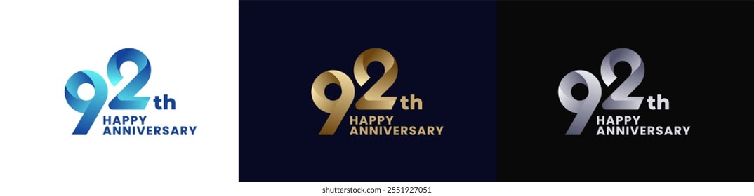 Abstract Twist Logo Anniversary 92th, 92th Happy Anniversary with Colorful Gradient, Luxury Gold and Elegant Silver. Editable file