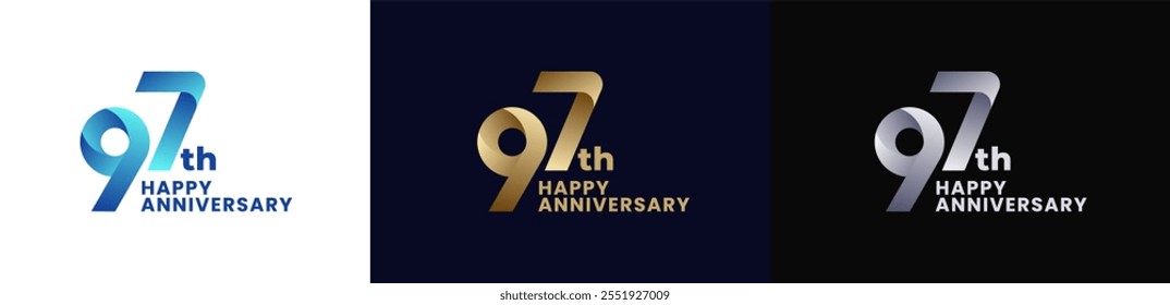 Abstract Twist Logo Anniversary 97th, 97th Happy Anniversary with Colorful Gradient, Luxury Gold and Elegant Silver. Editable file