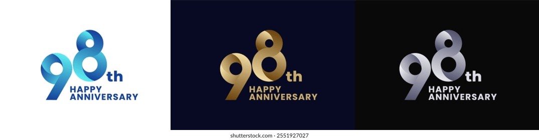 Abstract Twist Logo Anniversary 98th, 98th Happy Anniversary with Colorful Gradient, Luxury Gold and Elegant Silver. Editable file