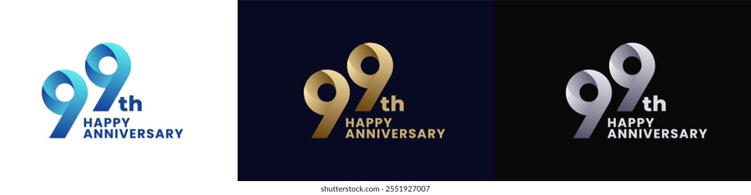 Abstract Twist Logo Anniversary 99th, 99th Happy Anniversary with Colorful Gradient, Luxury Gold and Elegant Silver. Editable file