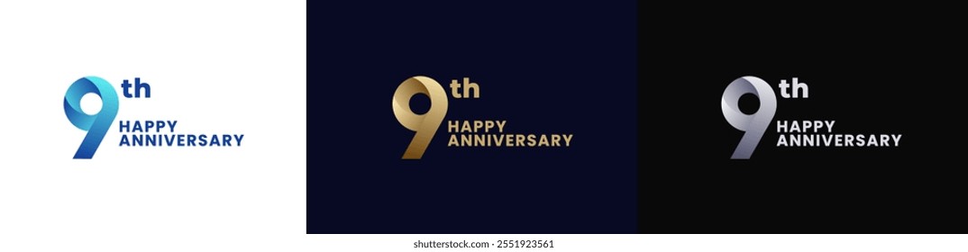 Abstract Twist Logo Anniversary 9th, 9th Happy Anniversary with Colorful Gradient, Luxury Gold and Elegant Silver. Editable file