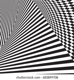 Abstract twisted background. Optical illusion of distorted surface. Twisted stripes. Stylized 3d pattern. Vector illustration.