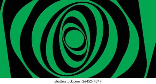 Abstract twisted black and green background. Optical illusion of distorted surface. Twisted stripes. Stylized 3d tunnel. Vector illustration. Great for wall art, poster, banner, web.