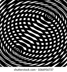 Abstract twisted black and white background. Optical illusion of distorted surface. Twisted intersected stripes. Vector illustration.
