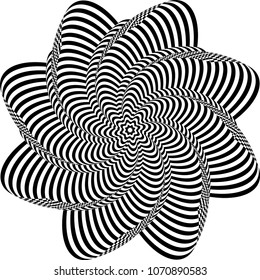 Abstract twisted black and white background. Optical illusion of distorted surface. Twisted stripes. Radial pattern. Vector illustration.