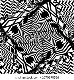 Abstract twisted black and white background. Optical illusion of distorted surface. Twisted stripes. Radial pattern. Vector illustration.