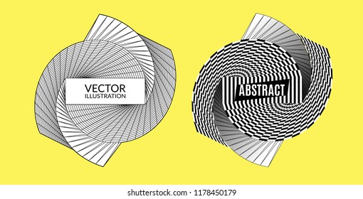 Abstract twisted black and white background. Images in the style of optical visual illusions. Optical illusion frame with empty space. Modern geometric vector pattern. 