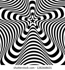 Abstract twisted black and white background. Optical illusion of distorted surface. Twisted stripes. Stylized 3d texture. Vector illustration. 