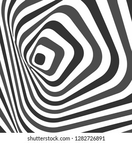 Abstract twisted black and white background. Optical illusion of distorted surface. Twisted stripes. Stylized 3d texture. Vector illustration.