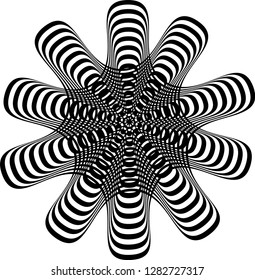 Abstract twisted black and white background. Optical illusion of distorted surface. Twisted stripes. Stylized 3d texture. Vector illustration.