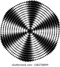 Abstract twisted black and white background. Optical illusion of distorted technology surface. Twisted stripes. Stylized 3d texture. Vector illustration.