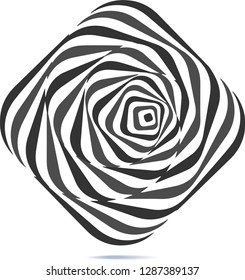 Abstract twisted black and white background. Optical illusion of distorted surface. Twisted stripes. Stylized 3d texture. Vector illustration.
