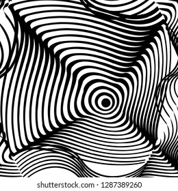 Abstract twisted black and white background. Optical illusion of distorted surface. Twisted stripes. Stylized 3d texture. Vector illustration.