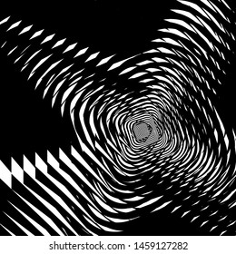 Abstract twisted black and white background. Optical illusion of distorted surface. Twisted stripes. Vector illustration. Great for wall art, poster, banner, web.