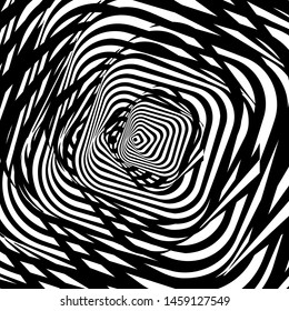 Abstract twisted black and white background. Optical illusion of distorted surface. Twisted stripes. Vector illustration. Great for wall art, poster, banner, web.