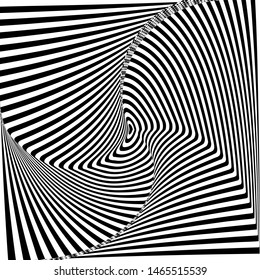 Abstract twisted black and white background. Optical illusion of distorted surface. Twisted stripes. Stylized 3d design. Vector illustration. Great for wall art, poster, advertisement, banner, web.
