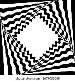 Abstract twisted black and white background. Optical illusion of distorted surface. Twisted stripes. Stylized 3d frame. Vector illustration. Great for wall art, poster, banner, web.