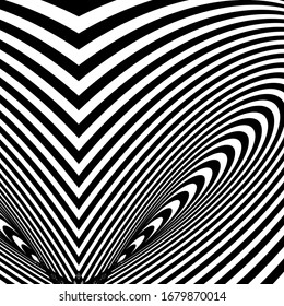 Abstract twisted black and white background. Optical illusion of distorted surface. Twisted stripes. Stylized 3d texture. Vector illustration. Great for wall art, poster, banner, web.