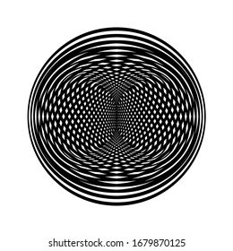 Abstract twisted black and white background in circle. Optical illusion of distorted surface. Twisted stripes. Stylized 3d texture. Vector illustration. Great for wall art, poster, banner, web.