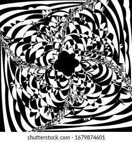 Abstract twisted black and white background. Optical illusion of distorted surface. Twisted stripes. Stylized 3d texture. Vector illustration. Great for wall art, poster, banner, web.