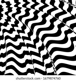 Abstract twisted black and white background. Optical illusion of distorted surface. Twisted stripes. Stylized 3d texture. Vector illustration. Great for wall art, poster, banner, web.
