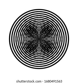 Abstract twisted black and white background in circle. Optical illusion of distorted surface. Twisted stripes. Stylized 3d texture. Vector illustration. Great for wall art, poster, banner, web.