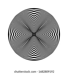 Abstrakter, gedrehter schwarz-weißer Hintergrund im Kreis. Optische Illusion einer verzerrten Oberfläche. Verdünnte Streifen. Stilvolle 3D-Textur. Vektorillustration. Ideal für Wandkunst, Poster, Banner, Web.