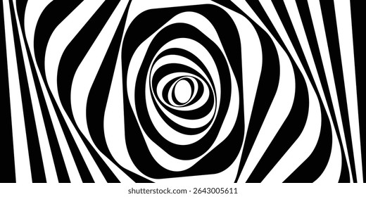 Abstract twisted black and white background. Optical illusion of distorted surface. Twisted stripes. Stylized 3d tunnel. Vector illustration. Great for wall art, poster, banner, web.