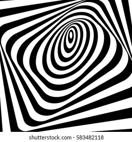 Abstract twisted black and white background. Optical illusion of distorted surface. Twisted stripes. Stylized 3d tunnel. Vector illustration. Great for wall art, poster, banner, web.