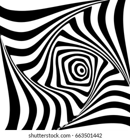 Abstract twisted black and white background. Optical illusion of distorted surface. Twisted stripes. Stylized 3d tunnel. Vector illustration.
