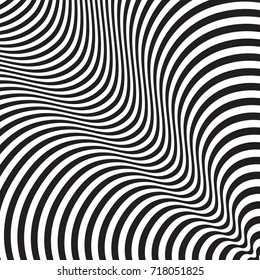 Abstrakter, verdrehter schwarz-weißer Hintergrund. Optische Illusion einer verzerrten Oberfläche. gewölbte Wavy Streifen.  Vektorgrafik.