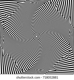 Abstract twisted black and white background. Optical illusion of distorted surface. Twisted stripes. Stylized 3d tunnel. Vector illustration.
