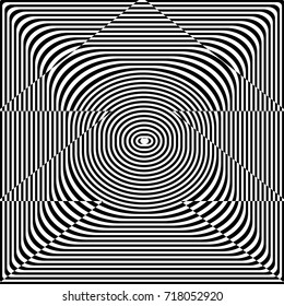 Abstract twisted black and white background. Optical illusion of distorted surface. Twisted stripes. Vector illustration.