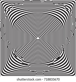 Abstract twisted black and white background. Optical illusion of distorted surface. Twisted stripes. Vector illustration.