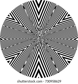 Abstract twisted black and white background in circle. Optical illusion of distorted surface. Twisted stripes. Vector illustration.