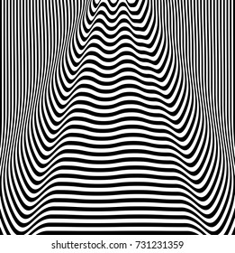 Abstract twisted black and white background. Optical illusion of distorted surface. Twisted stripes. Vector illustration.