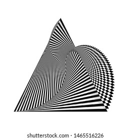 Abstract twisted black and white distorted shape background. Optical illusion of surface. Twisted stripes. Stylized 3d design. Vector illustration. Great for wall art, poster, advertisement, banner