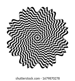 Abstract twisted black and white figure. Optical illusion of distorted surface. Twisted stripes. Stylized 3d figure. Vector illustration. Great for wall art, poster, banner, web