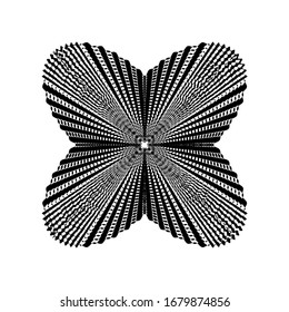 Abstract twisted black and white figure. Optical illusion of distorted surface. Twisted stripes. Stylized 3d figure. Vector illustration. Great for wall art, poster, banner, web
