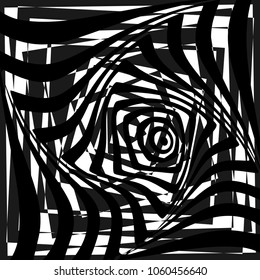 Abstract twisted black and white shape. Optical illusion of distorted surface. Twisted stripes. Vector illustration.