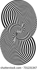 Abstract twisted black and white shape. Optical illusion of distorted surface. Twisted rounded stripes. Vector illustration.