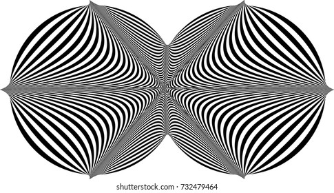 Abstract twisted black and white shape. Optical illusion of distorted surface. Twisted rounded stripes. Vector illustration.