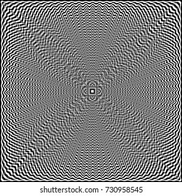 Abstract twisted black and white symmetrical background. Optical illusion of distorted surface. Twisted stripes. Vector illustration.